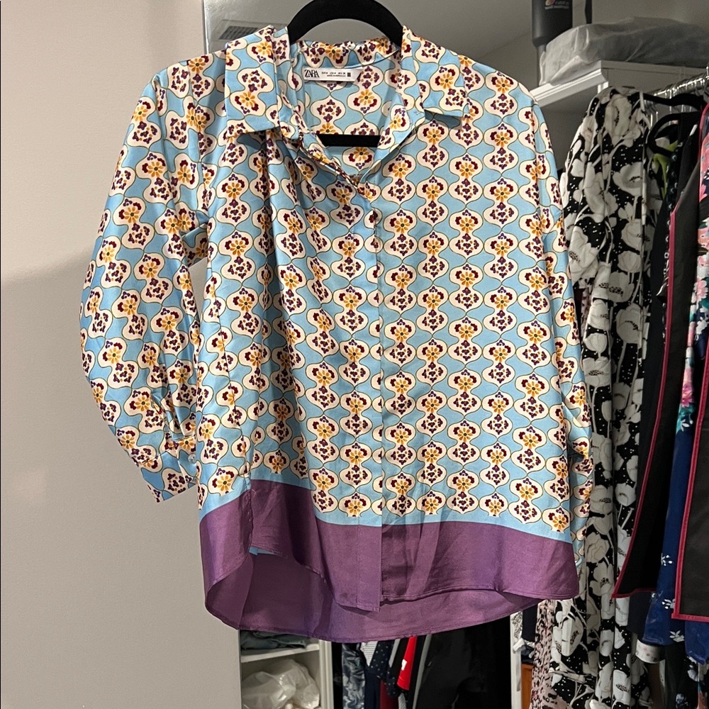 Zara Multicolor Patterned Blouse with Purple Hem
